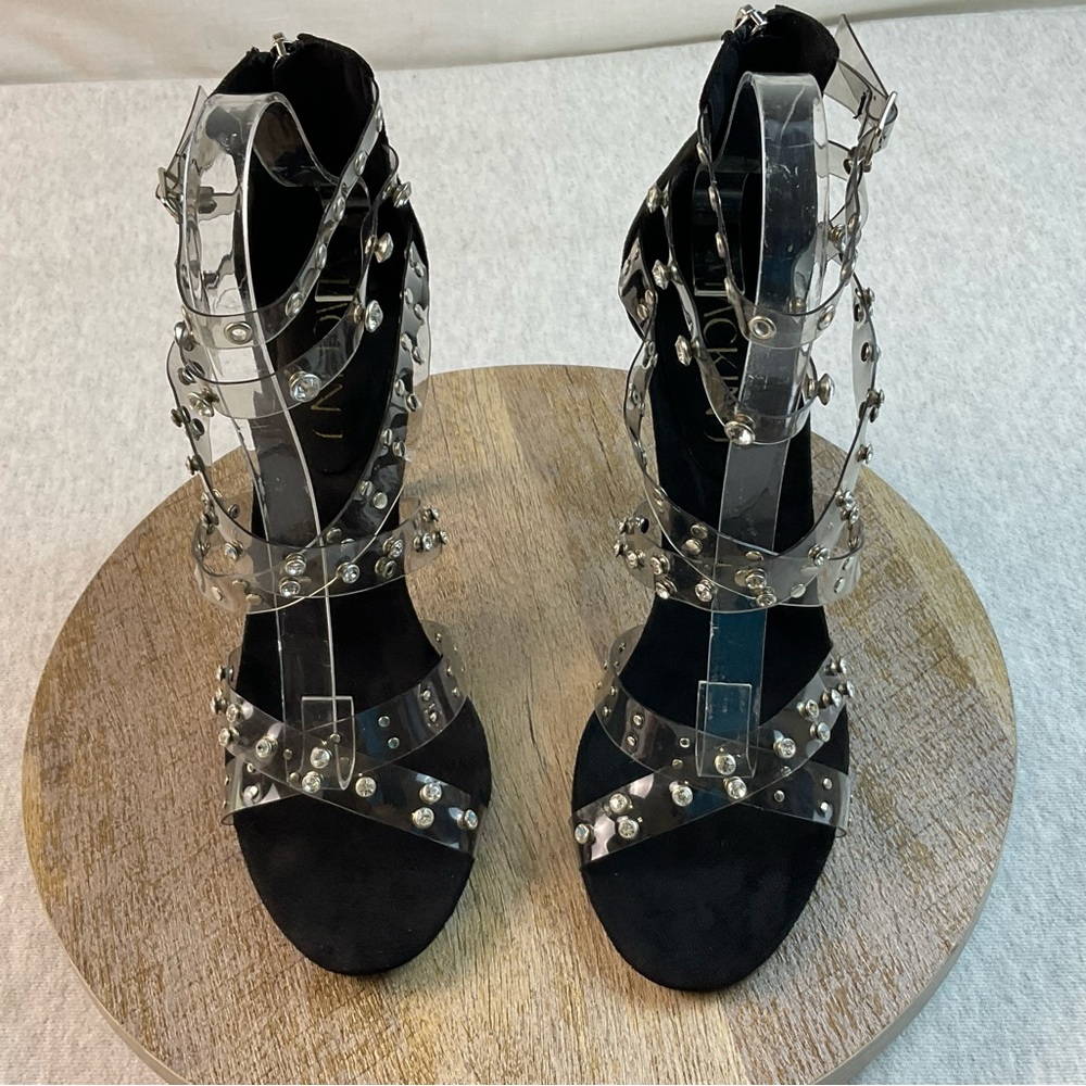 MACKIN J 213-80 BACK ZIP WOMEN’S CLEAR RHINESTONES STRAPS OPEN TOE HIGH HEEL 9